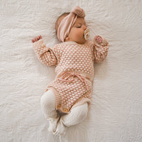 Honeycomb Long Sleeve Knitted Romper - CREAM/DUSTY PINK