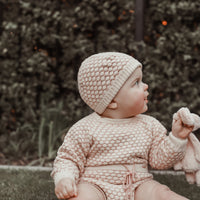 Honeycomb Long Sleeve Knitted Romper - CREAM/DUSTY PINK