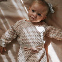 Honeycomb Long Sleeve Knitted Romper - CREAM/DUSTY PINK
