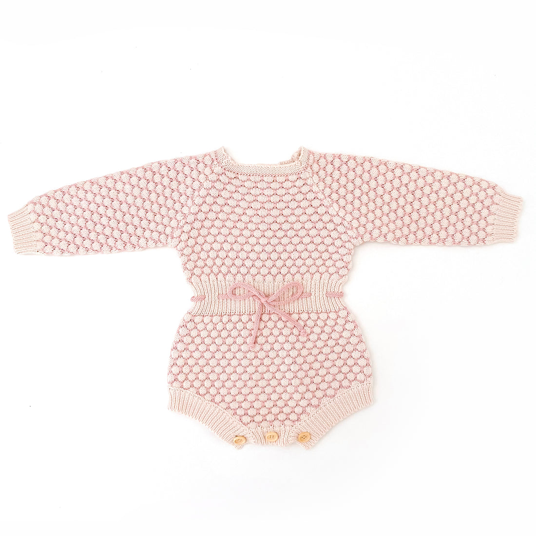 Honeycomb Long Sleeve Knitted Romper - CREAM/DUSTY PINK